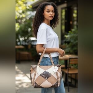 Big Buddha Patchwork Tote in Tan, Cream & Faux-Snake